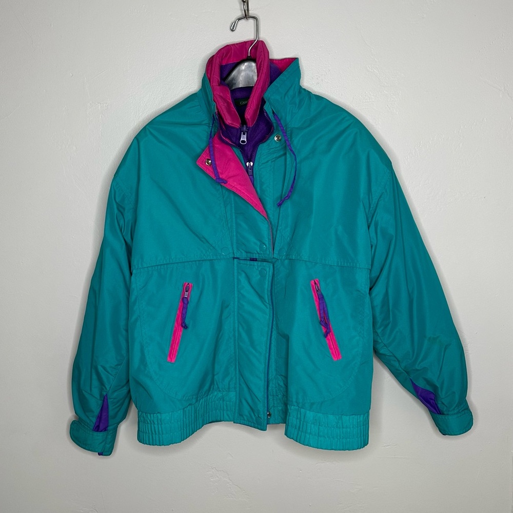 Vintage Teal Ski Jacket with Magenta and Purple Accents